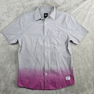 STUSSY Mens Short Sleeve Button Up Shirt Gray Pink Dip Dye Size Small Cotton